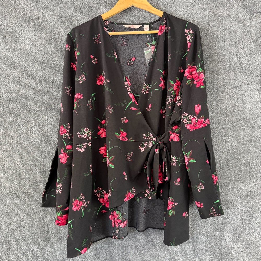 Laurie Felt Womens Floral Wrap Top Size XL Black Pink Slit 3/4 Sleeve Office